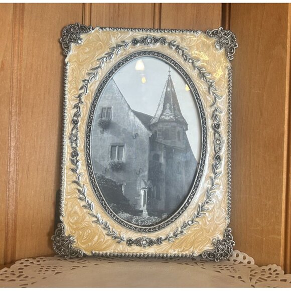 Vintage Ornate Oval Picture Tabletop Ivory Enamel Crystals Frame Floral Details - Picture 1 of 6